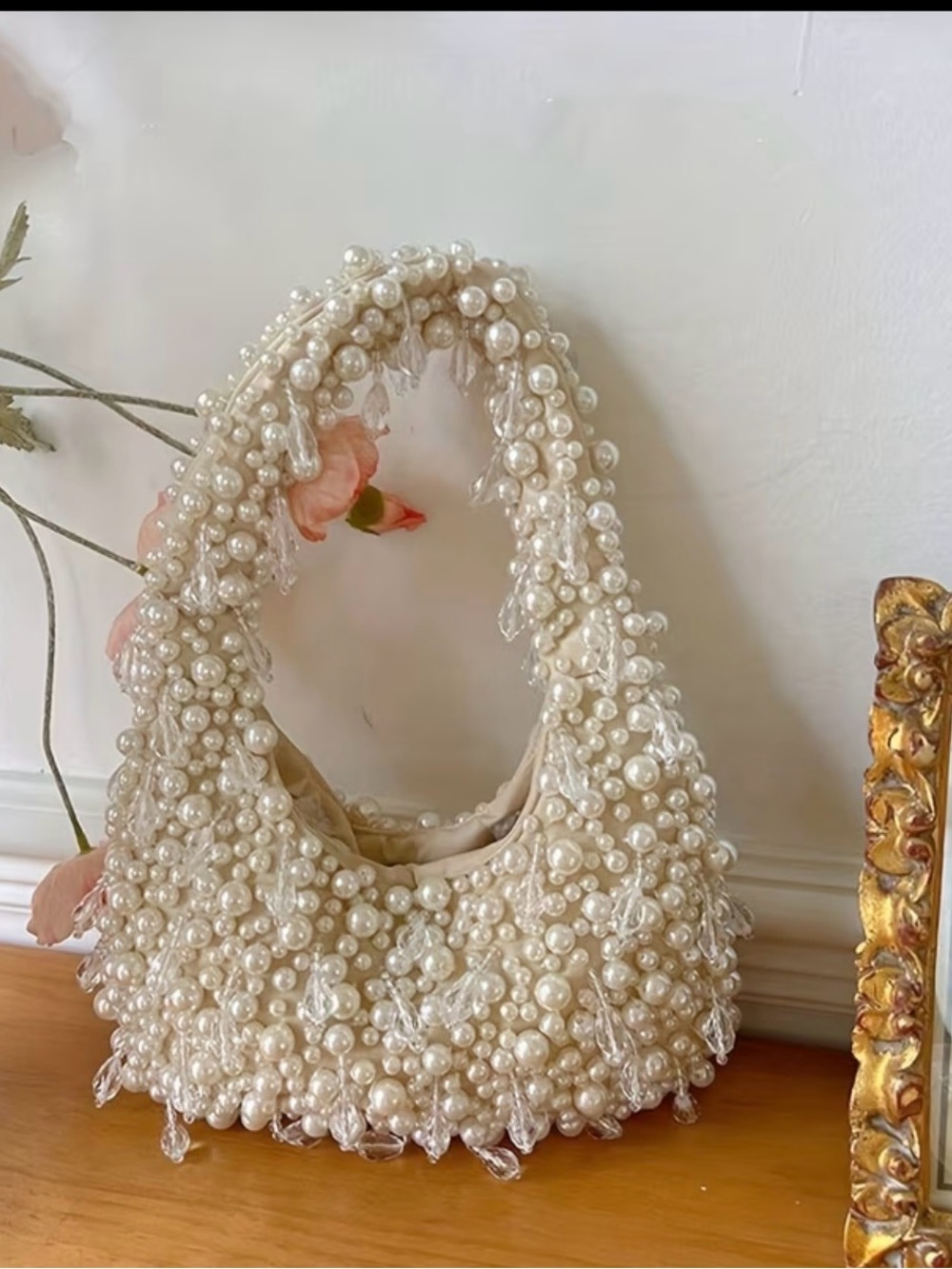 Pearl-Embellished Cream Shoulder Bag